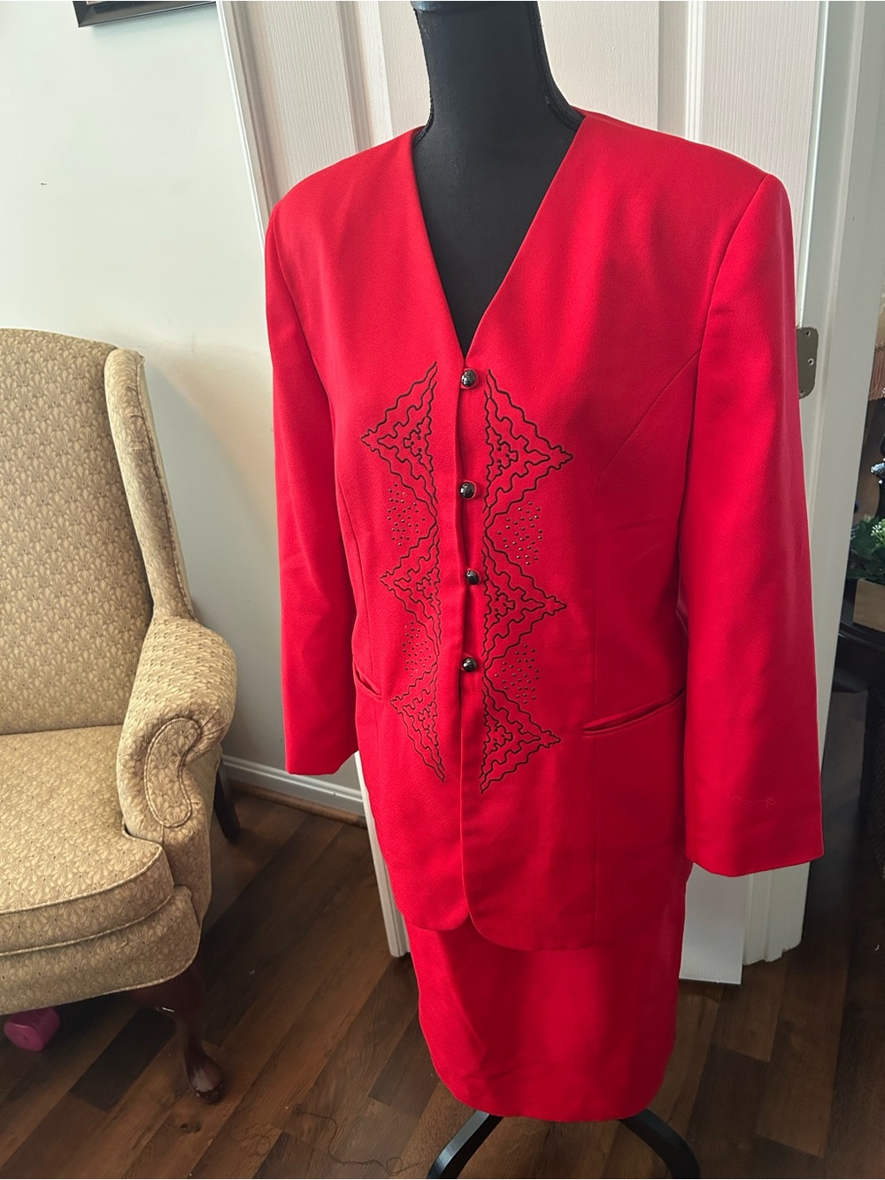 Red Women's Two-Piece Skirt Suit with Embroidered Front